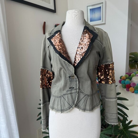Da-Nang Olive Green Gold Sequin Jacket Boho Small - Picture 1 of 14